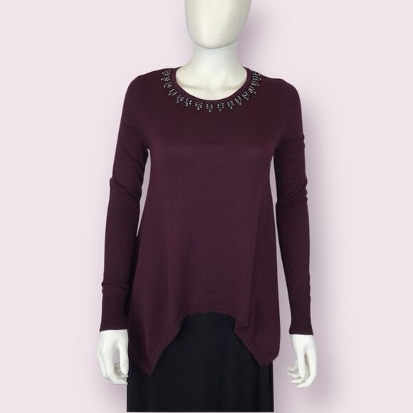 Simply Vera Wang Purple Sweater Embellished Black Gems Long Sleeves PS - Picture 1 of 6